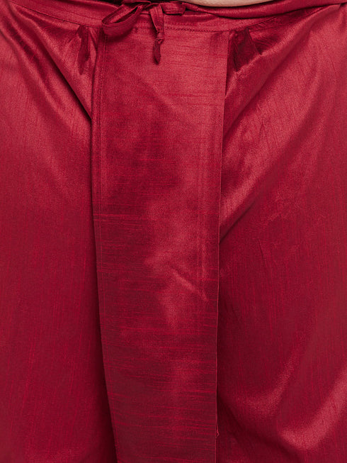 Vastramay PLUS Men's Maroon Nehru Jacket With Gold Kurta And Maroon Dhoti Set
